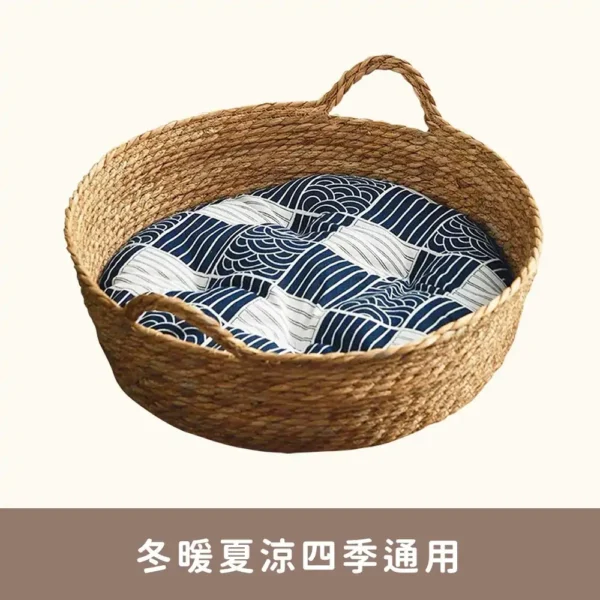 藤編蒲草犬貓窩+睡墊